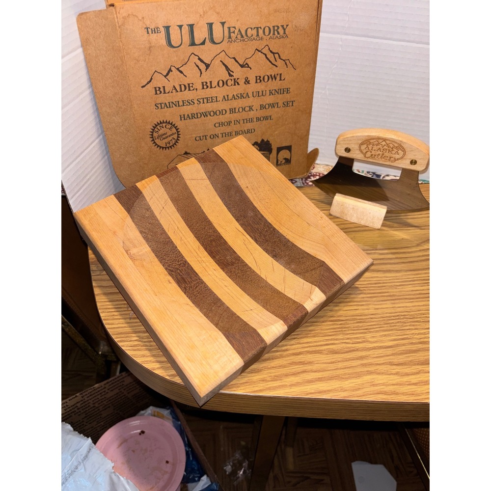 The Ulu Factory Alaska Ulu Knife and Striped Hardwood Bowl Chopping Block Set